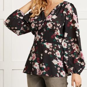 Black Floral Puff Sleeve wrap Tunic